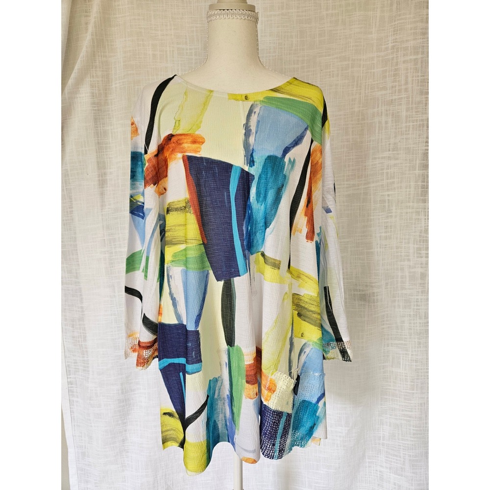 Jess & Jane Tunic Women XL Multi Abstract 3/4 Lace Sleeve Lagenlook Art to Wear